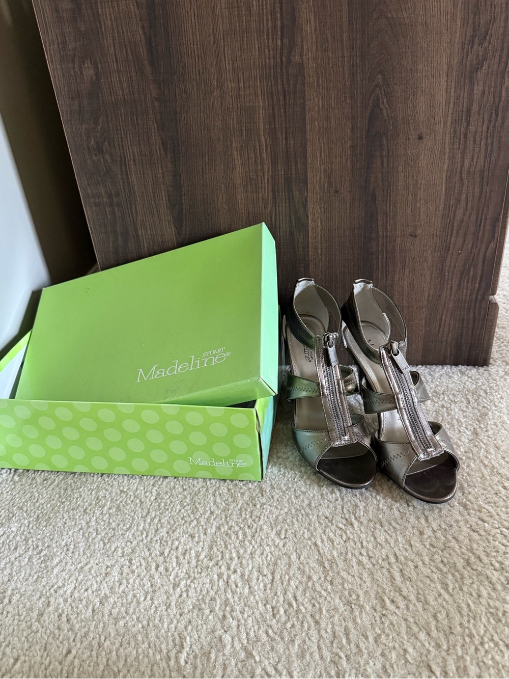 Madeline Metallic Pewter T-Strap Heels with Front Zipper